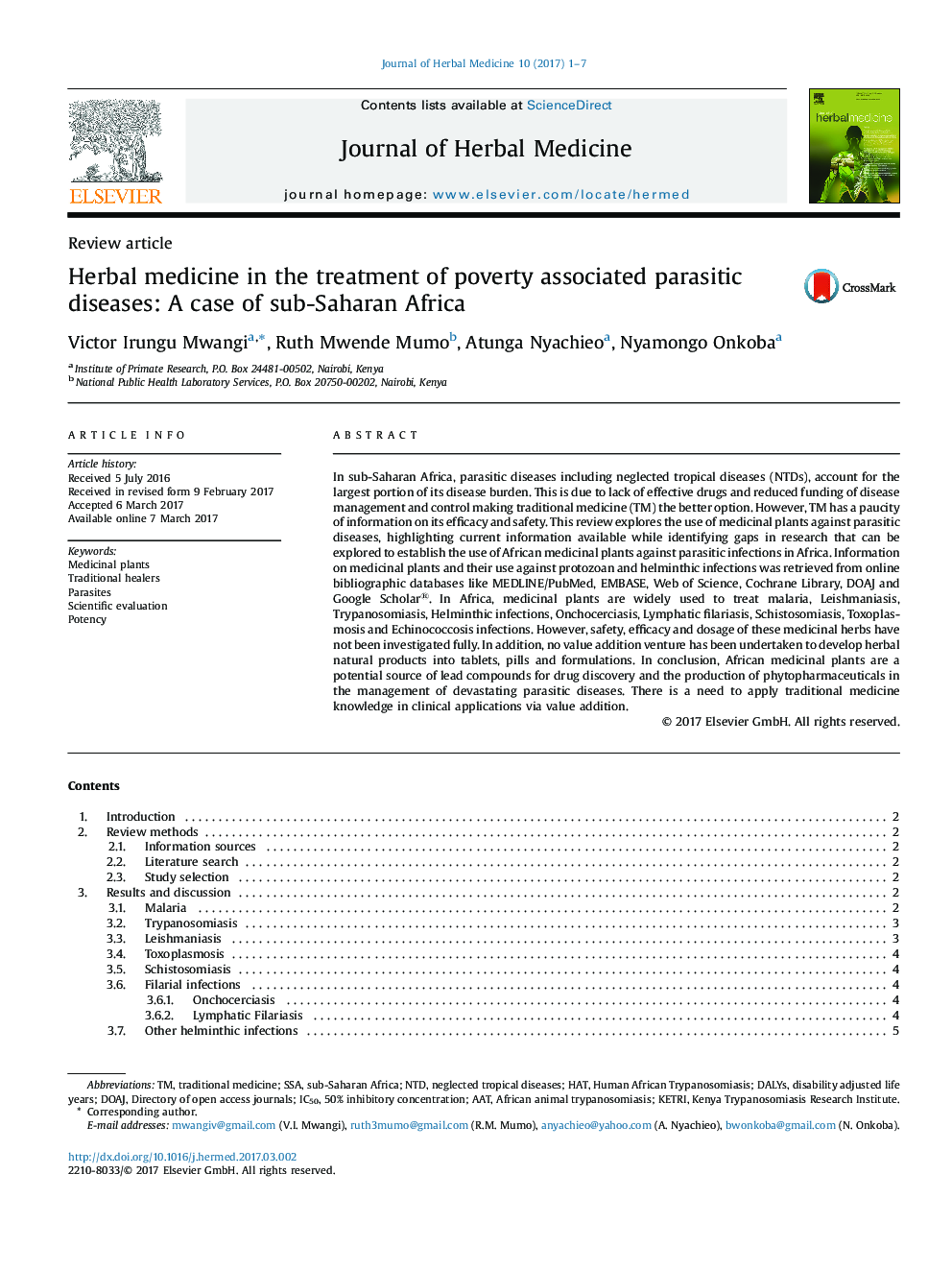 Herbal medicine in the treatment of poverty associated parasitic diseases: A case of sub-Saharan Africa