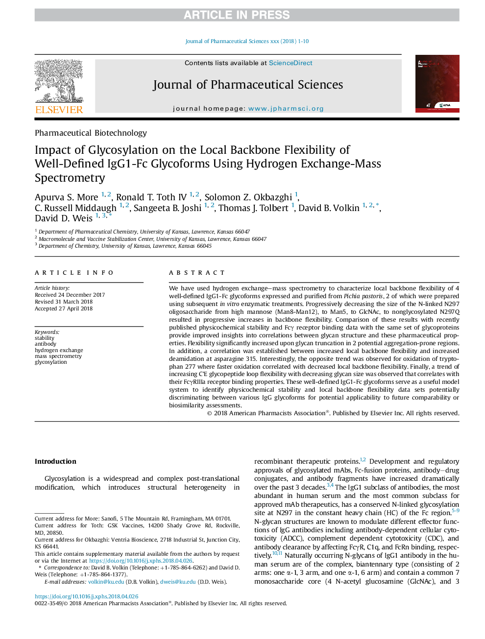 Impact of Glycosylation on the Local Backbone Flexibility of Well-Defined IgG1-Fc Glycoforms Using Hydrogen Exchange-Mass Spectrometry