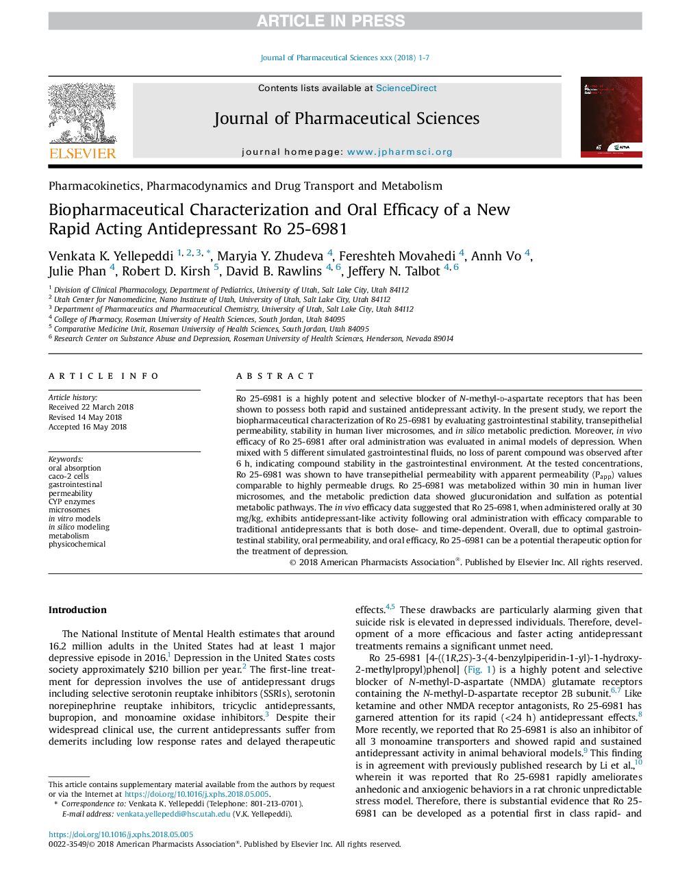 Biopharmaceutical Characterization and Oral Efficacy of a New Rapid Acting Antidepressant Ro 25-6981