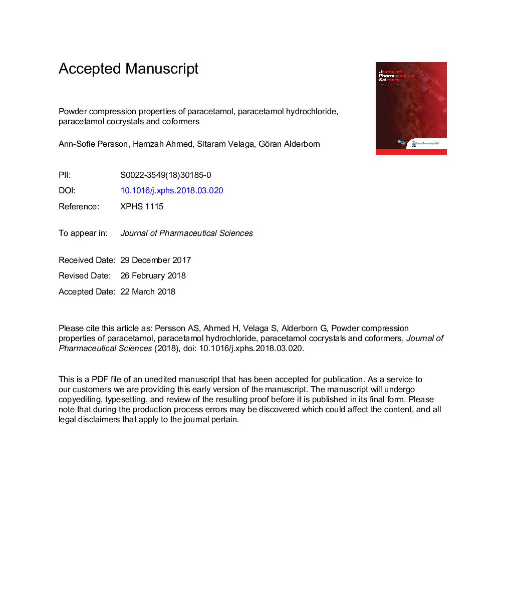 Powder Compression Properties of Paracetamol, Paracetamol Hydrochloride, and Paracetamol Cocrystals and Coformers