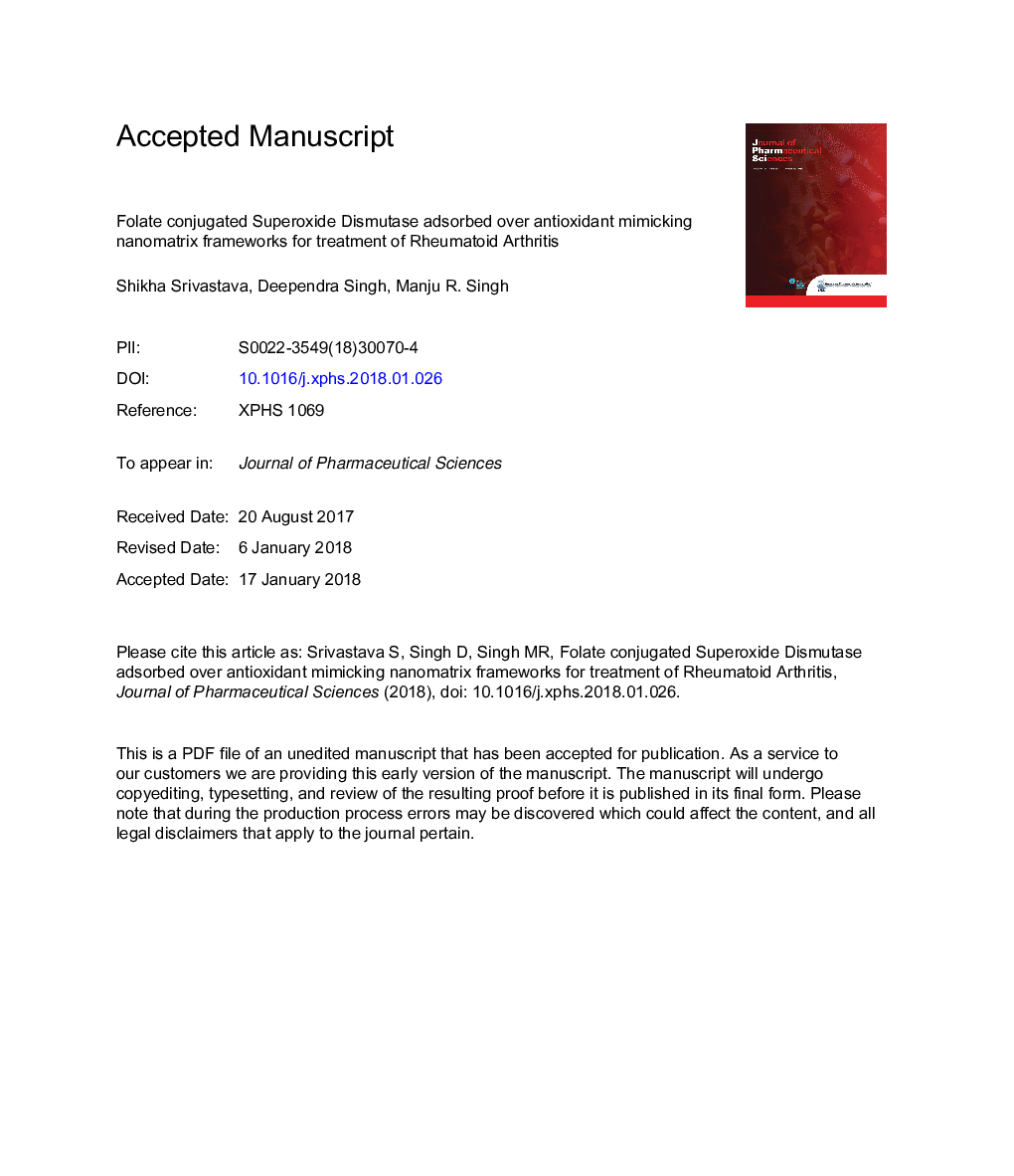 Folate-Conjugated Superoxide Dismutase Adsorbed Over Antioxidant Mimicking Nanomatrix Frameworks for Treatment of Rheumatoid Arthritis