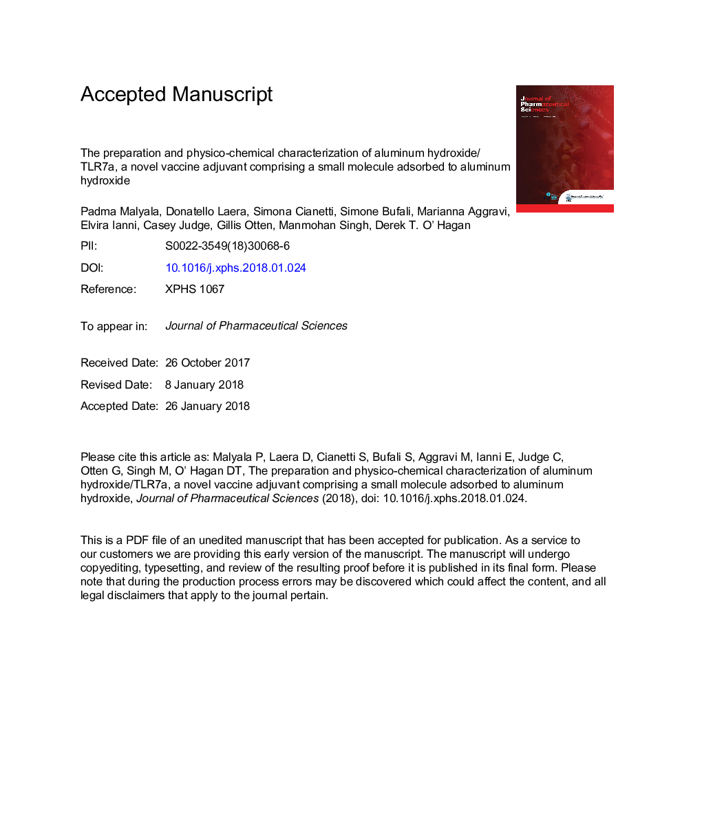 The Preparation and Physicochemical Characterization of Aluminum Hydroxide/TLR7a, a Novel Vaccine Adjuvant Comprising a Small Molecule Adsorbed to Aluminum Hydroxide