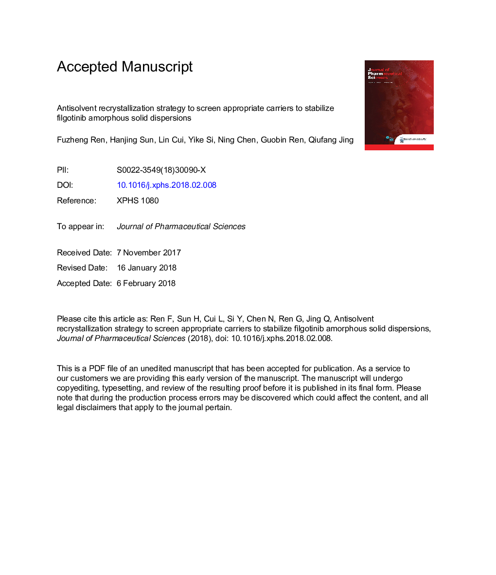 Antisolvent Recrystallization Strategy to Screen Appropriate Carriers to Stabilize Filgotinib Amorphous Solid Dispersions