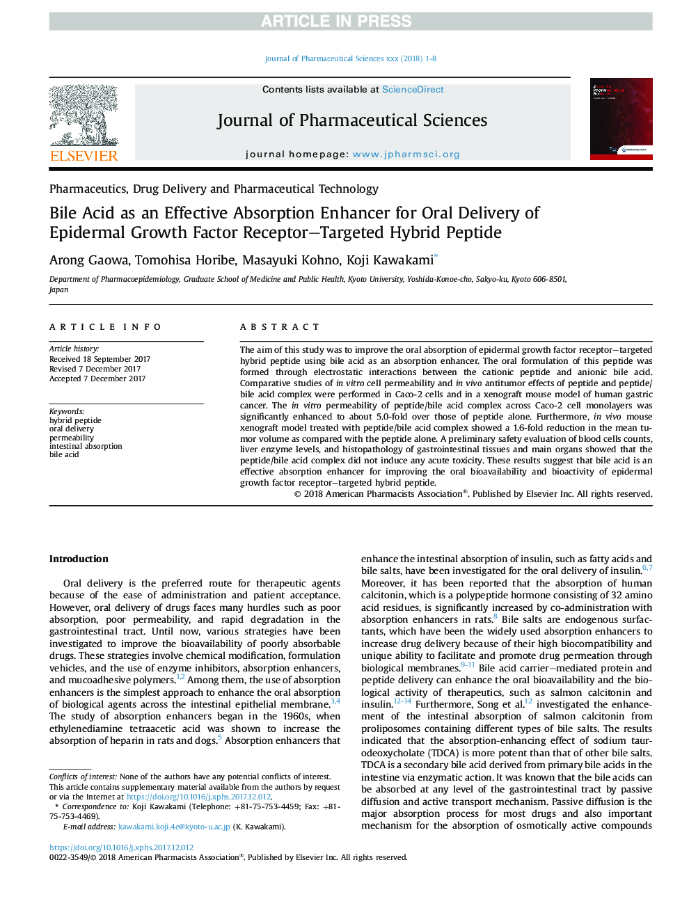 Bile Acid as an Effective Absorption Enhancer for Oral Delivery of Epidermal Growth Factor Receptor-Targeted Hybrid Peptide