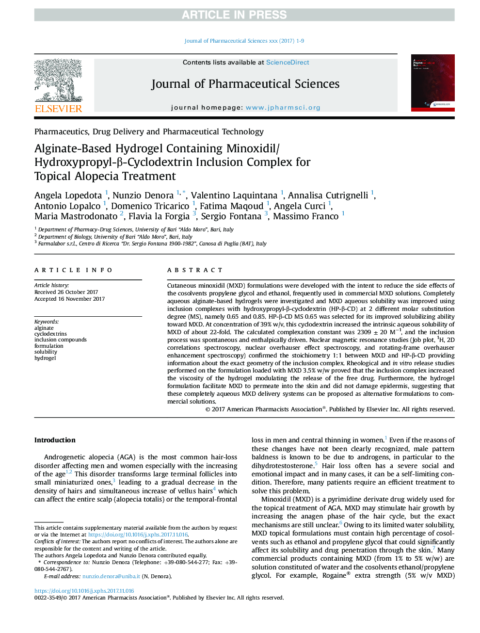 Alginate-Based Hydrogel Containing Minoxidil/Hydroxypropyl-Î²-Cyclodextrin Inclusion Complex for Topical Alopecia Treatment