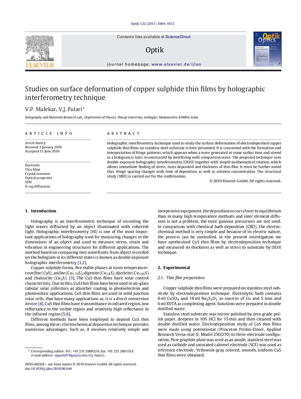 Studies on surface deformation of copper sulphide thin films by holographic interferometry technique
