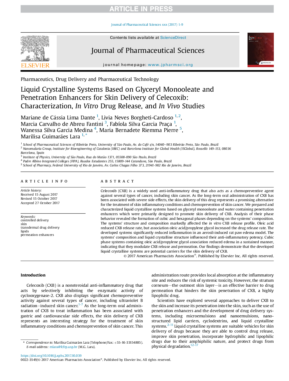 Liquid Crystalline Systems Based on Glyceryl Monooleate and Penetration Enhancers for Skin Delivery of Celecoxib: Characterization, InÂ Vitro Drug Release, and InÂ Vivo Studies