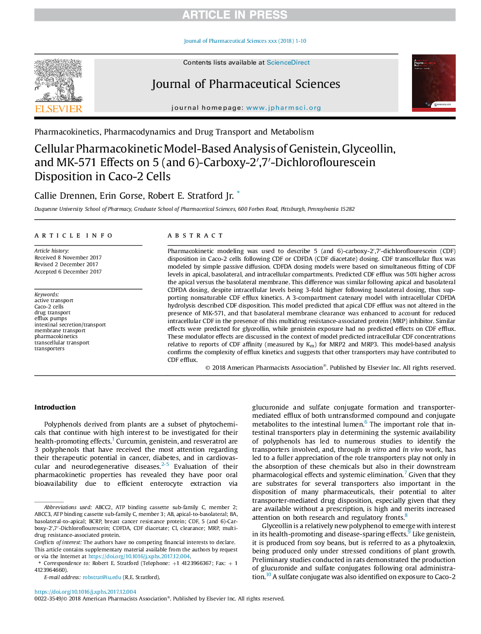 Cellular Pharmacokinetic Model-Based Analysis of Genistein, Glyceollin, and MK-571 Effects on 5 (and 6)-Carboxy-2â²,7â²-Dichloroflourescein Disposition in Caco-2 Cells