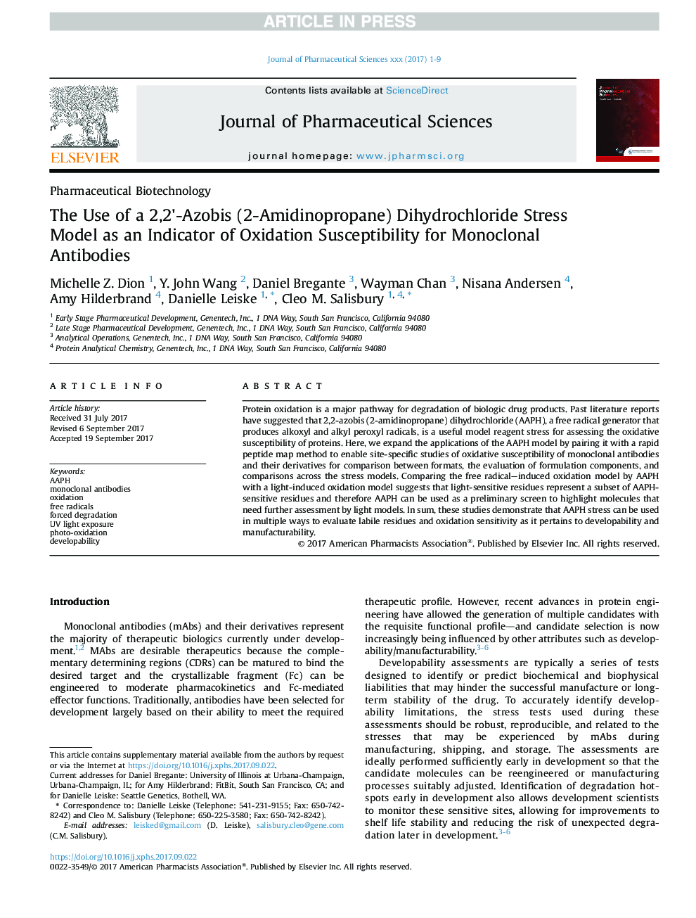 The Use of a 2,2'-Azobis (2-Amidinopropane) Dihydrochloride Stress Model as an Indicator of Oxidation Susceptibility for Monoclonal Antibodies