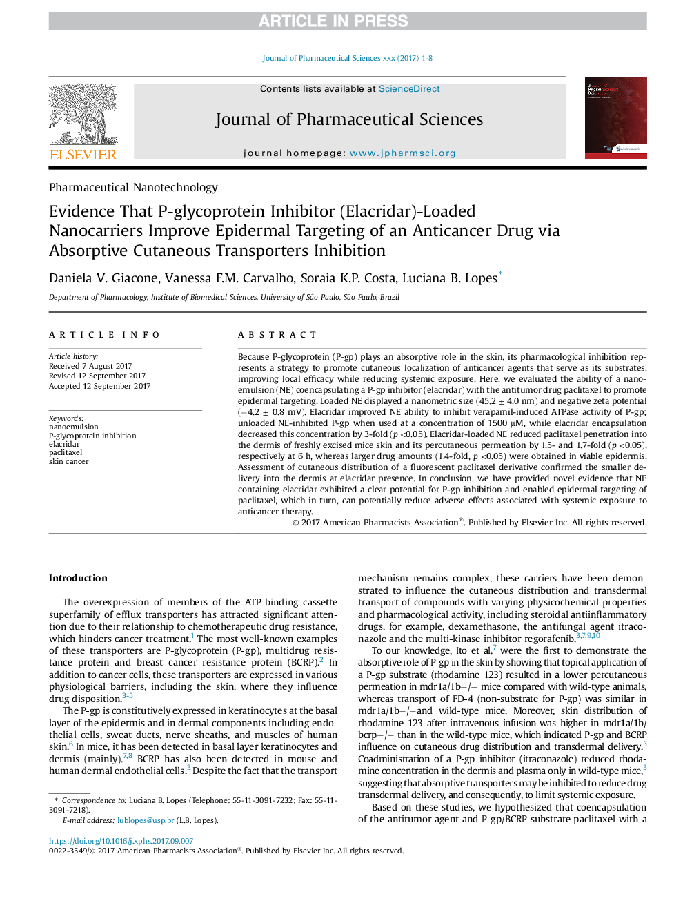 Evidence That P-glycoprotein Inhibitor (Elacridar)-Loaded Nanocarriers Improve Epidermal Targeting of an Anticancer Drug via Absorptive Cutaneous Transporters Inhibition