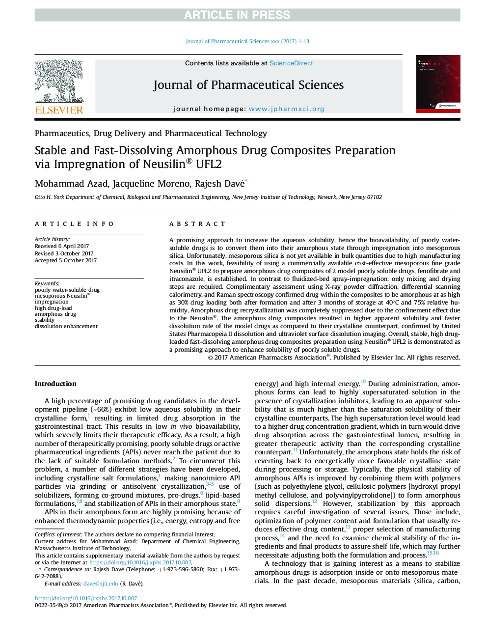 Stable and Fast-Dissolving Amorphous Drug Composites Preparation via Impregnation of Neusilin® UFL2