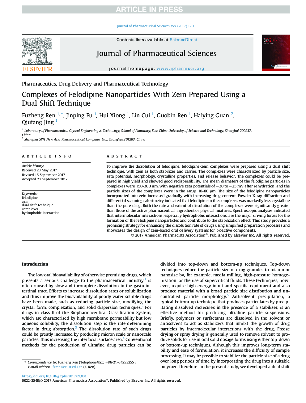 Complexes of Felodipine Nanoparticles With Zein Prepared Using a Dual Shift Technique