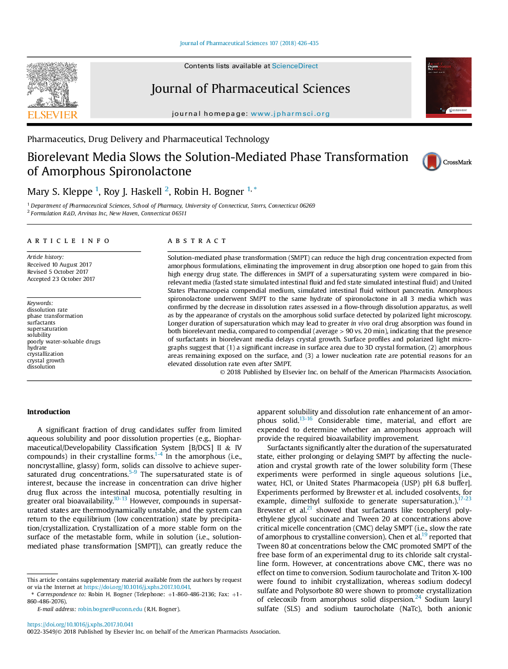 Biorelevant Media Slows the Solution-Mediated Phase Transformation of Amorphous Spironolactone