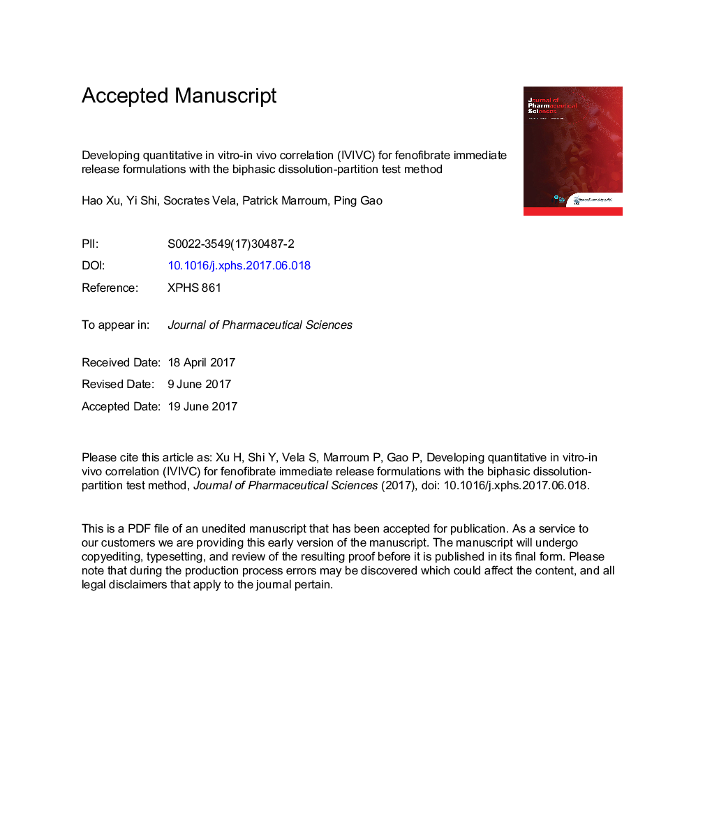 Developing Quantitative InÂ Vitro-InÂ Vivo Correlation for Fenofibrate Immediate-Release Formulations With the Biphasic Dissolution-Partition Test Method