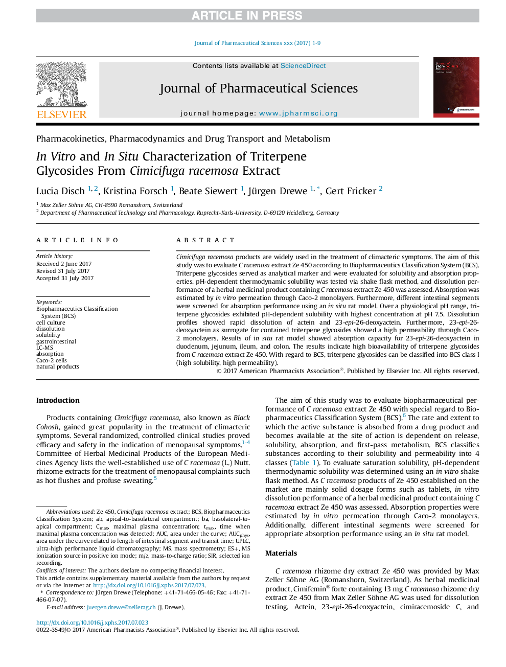 InÂ Vitro and In Situ Characterization of Triterpene Glycosides From Cimicifuga racemosa Extract