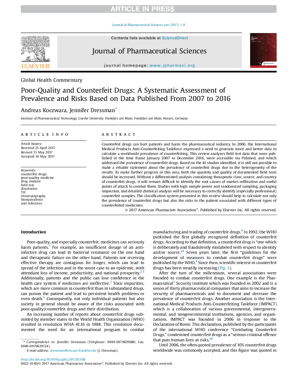 Poor-Quality and Counterfeit Drugs: A Systematic Assessment of Prevalence and Risks Based on Data Published From 2007 to 2016