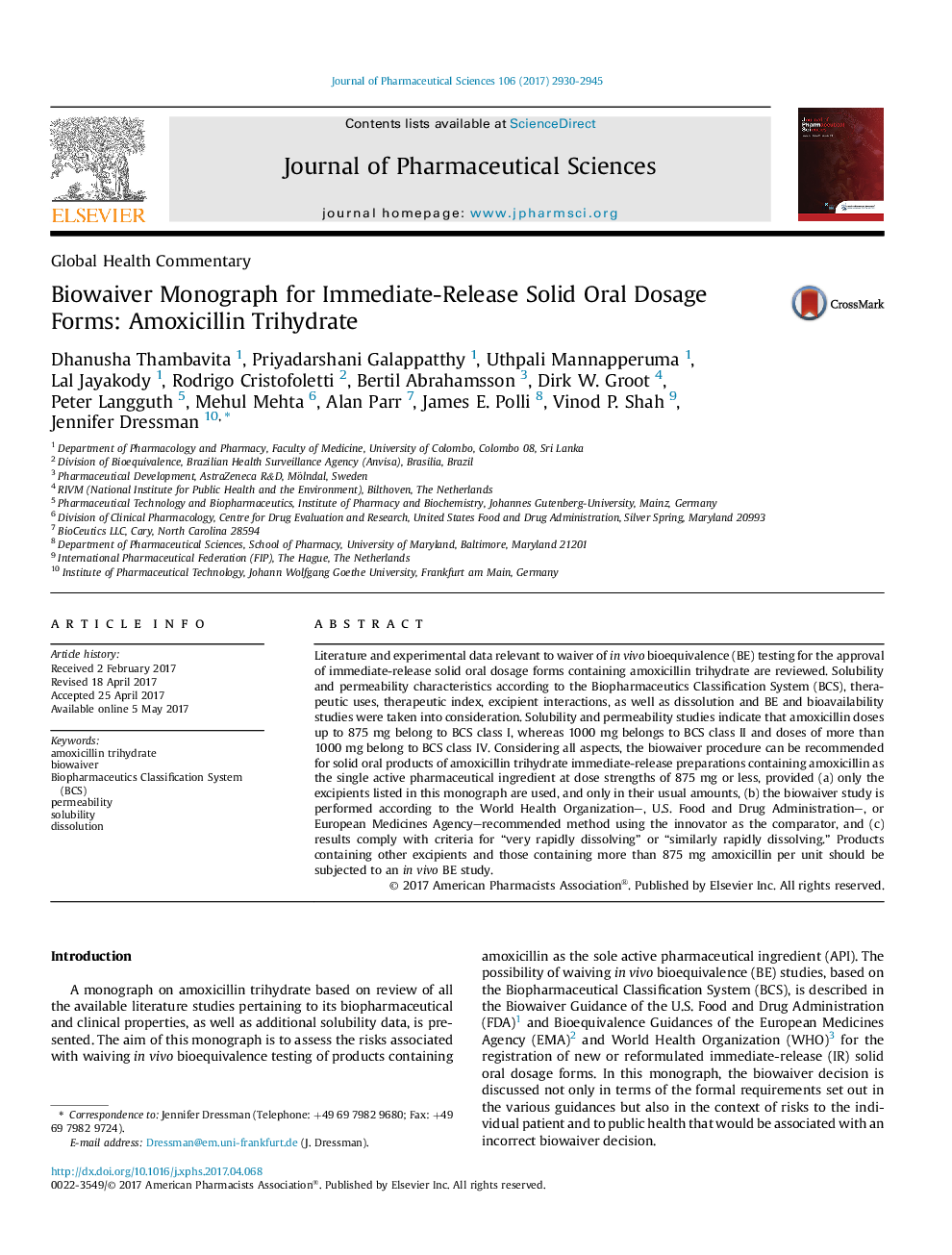 Biowaiver Monograph for Immediate-Release Solid Oral Dosage Forms: Amoxicillin Trihydrate