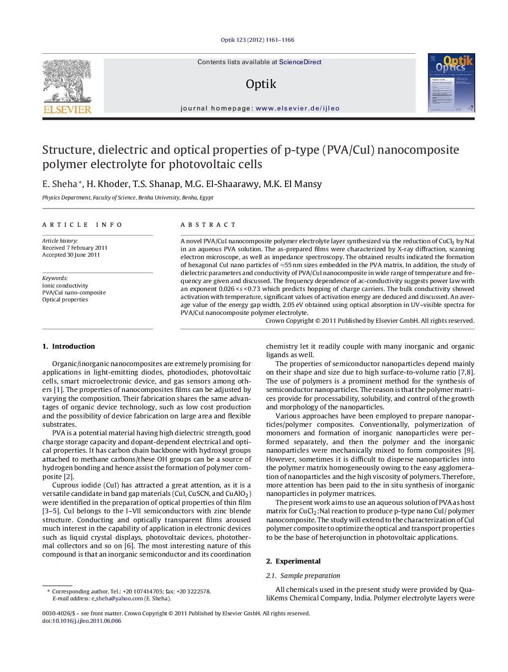 Structure, dielectric and optical properties of p-type (PVA/CuI) nanocomposite polymer electrolyte for photovoltaic cells