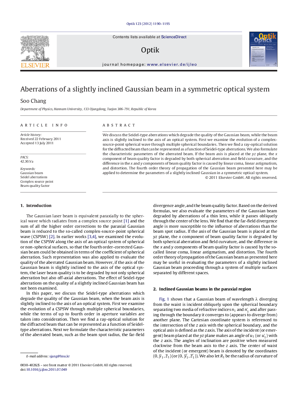 Aberrations of a slightly inclined Gaussian beam in a symmetric optical system