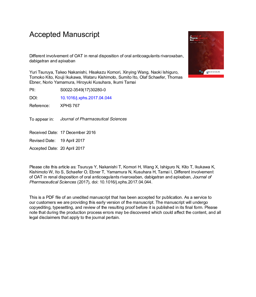 Different Involvement of OAT in Renal Disposition of Oral Anticoagulants Rivaroxaban, Dabigatran, and Apixaban