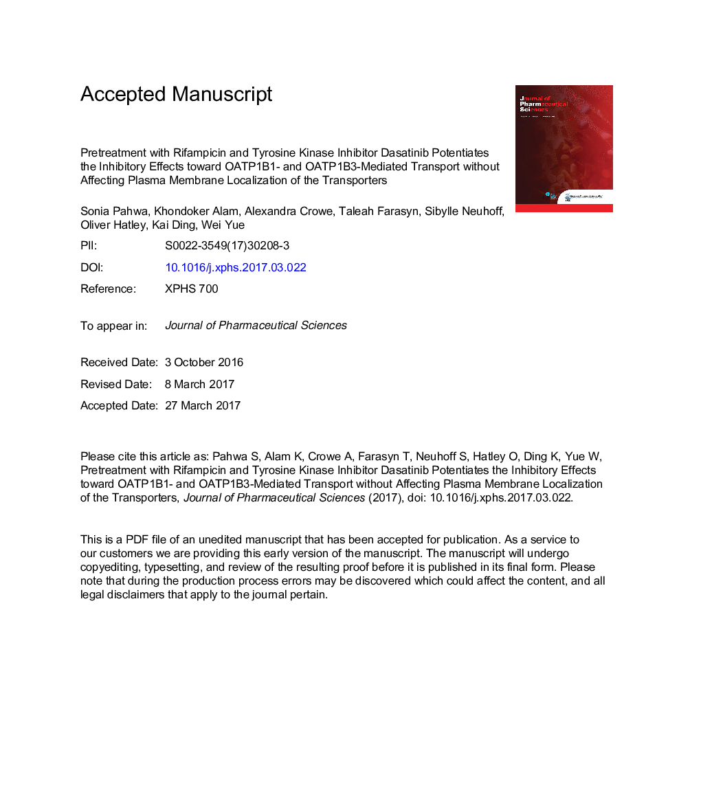 Pretreatment With Rifampicin and Tyrosine Kinase Inhibitor DasatinibÂ Potentiates the Inhibitory Effects Toward OATP1B1- and OATP1B3-Mediated Transport