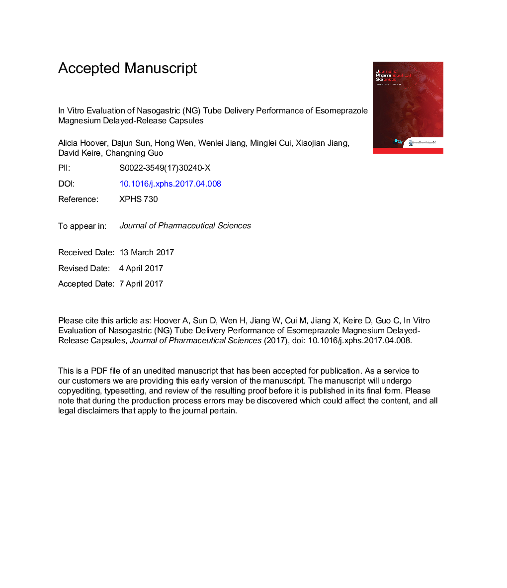 InÂ Vitro Evaluation of Nasogastric Tube Delivery Performance of Esomeprazole Magnesium Delayed-Release Capsules