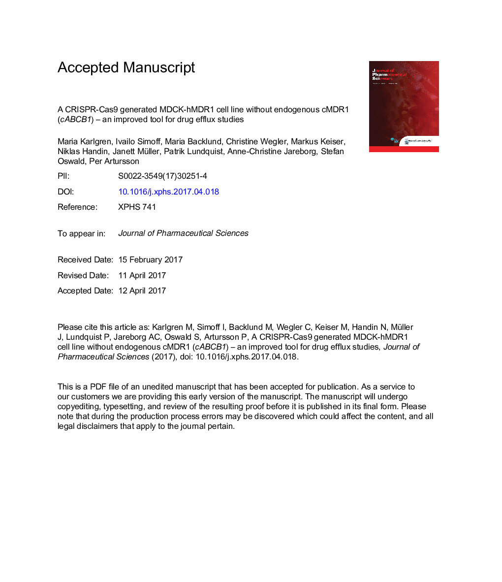 عکس صفحه اول مقاله: A CRISPR-Cas9 Generated MDCK Cell Line Expressing Human MDR1 Without Endogenous Canine MDR1 (cABCB1): An Improved Tool for Drug Efflux Studies A CRISPR-Cas9 Generated MDCK Cell Line Expressing Human MDR1 Without Endogenous Canine MDR1 (cABCB1): An Improved Tool for Drug Efflux Studies