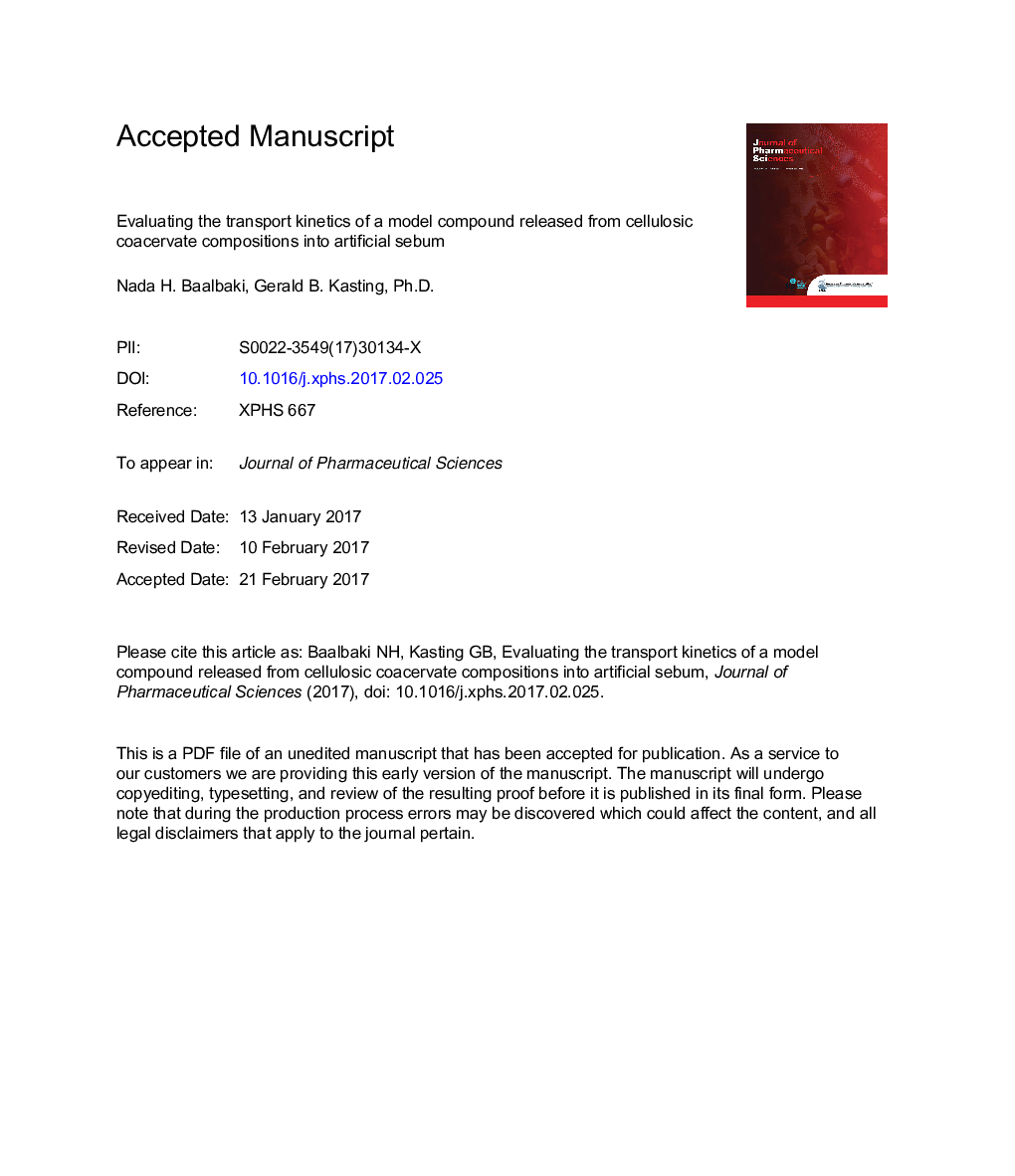 Evaluating the Transport Kinetics of a Model Compound Released From Cellulosic Coacervate Compositions Into Artificial Sebum