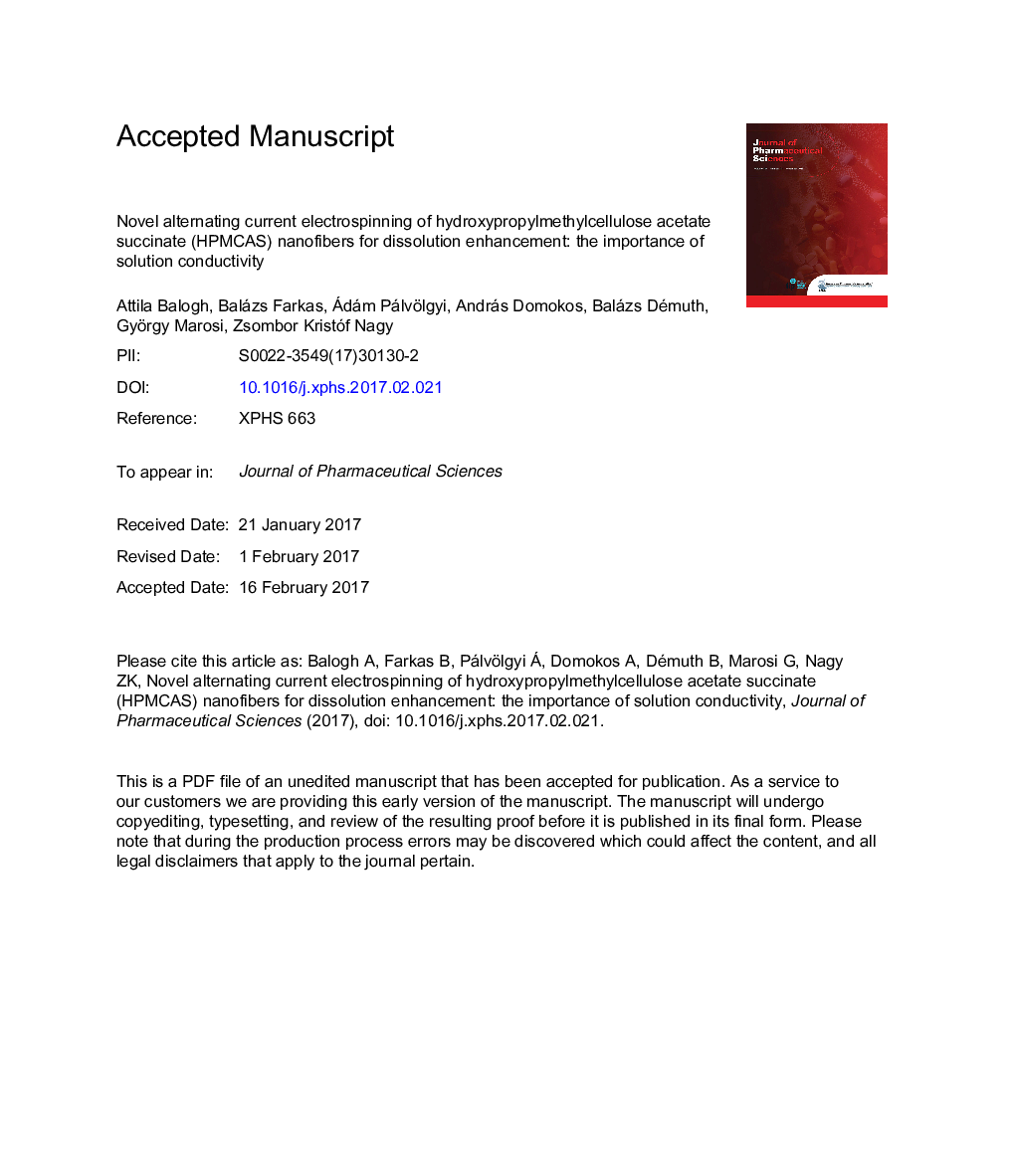 Novel Alternating Current Electrospinning of Hydroxypropylmethylcellulose Acetate Succinate (HPMCAS) Nanofibers for Dissolution Enhancement: The Importance of Solution Conductivity