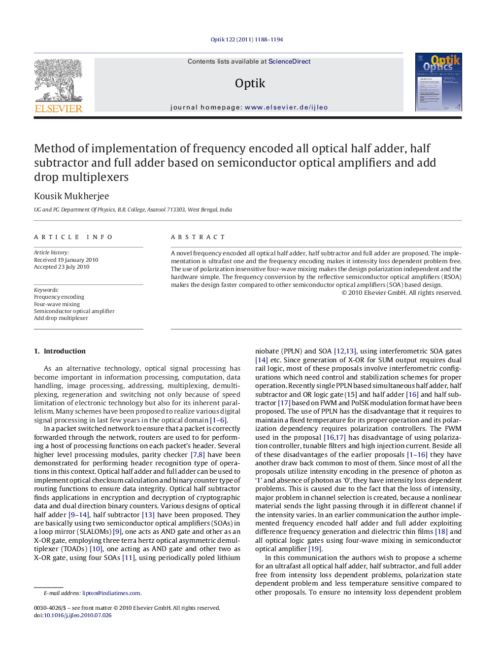 Method of implementation of frequency encoded all optical half adder, half subtractor and full adder based on semiconductor optical amplifiers and add drop multiplexers