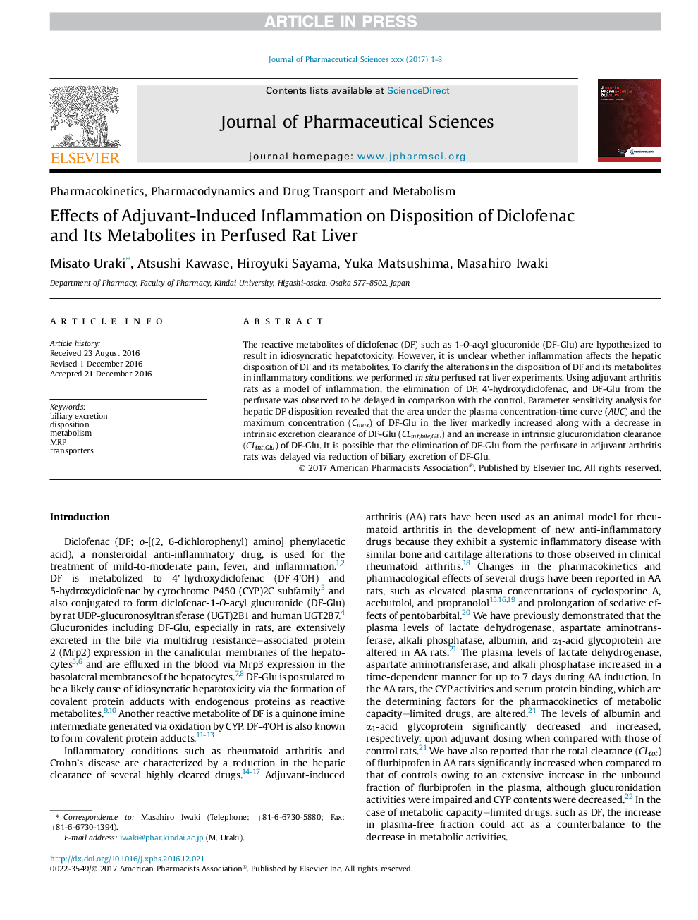 Effects of Adjuvant-Induced Inflammation on Disposition of Diclofenac and Its Metabolites in Perfused Rat Liver