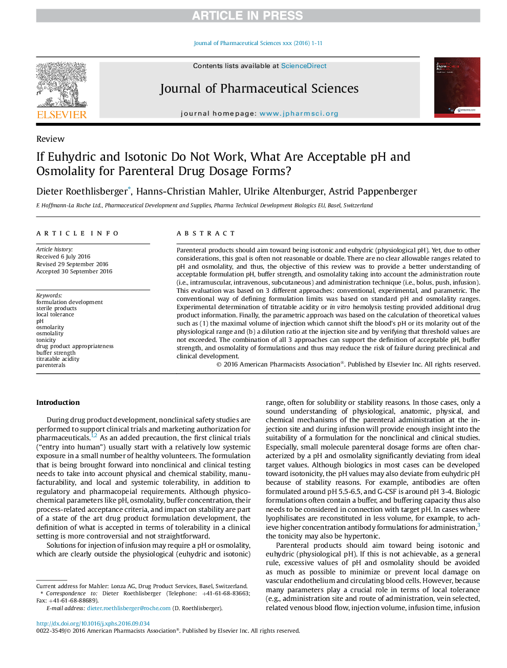 If Euhydric and Isotonic Do Not Work, What Are Acceptable pH and Osmolality for Parenteral Drug Dosage Forms?