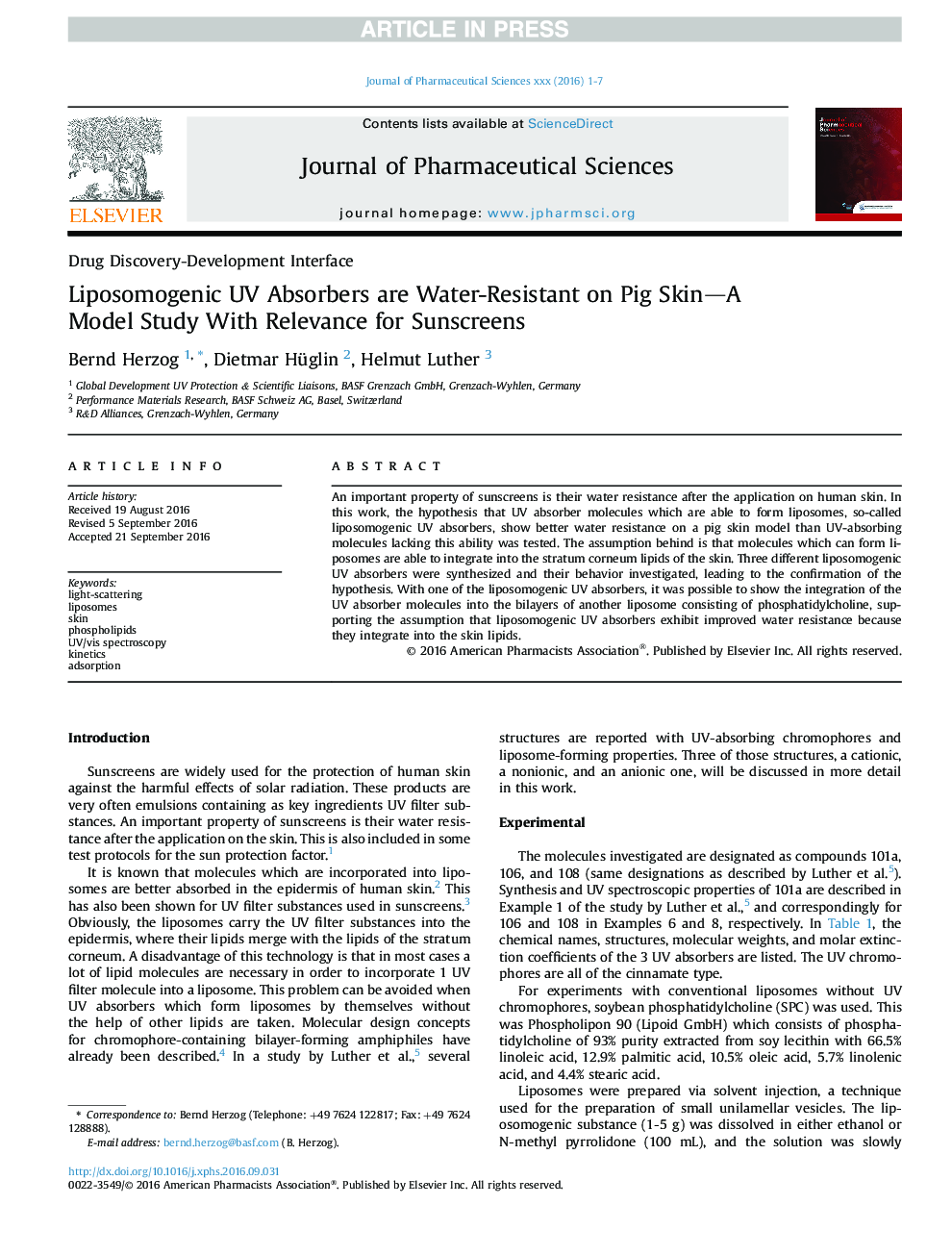 Liposomogenic UV Absorbers are Water-Resistant on Pig Skin-A Model Study With Relevance for Sunscreens