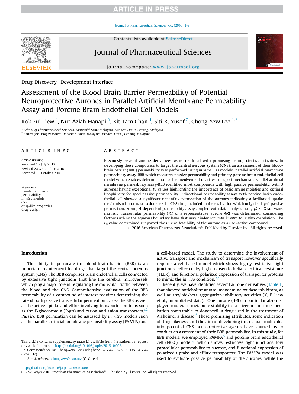 Assessment of the Blood-Brain Barrier Permeability of Potential Neuroprotective Aurones in Parallel Artificial Membrane Permeability Assay and Porcine Brain Endothelial Cell Models