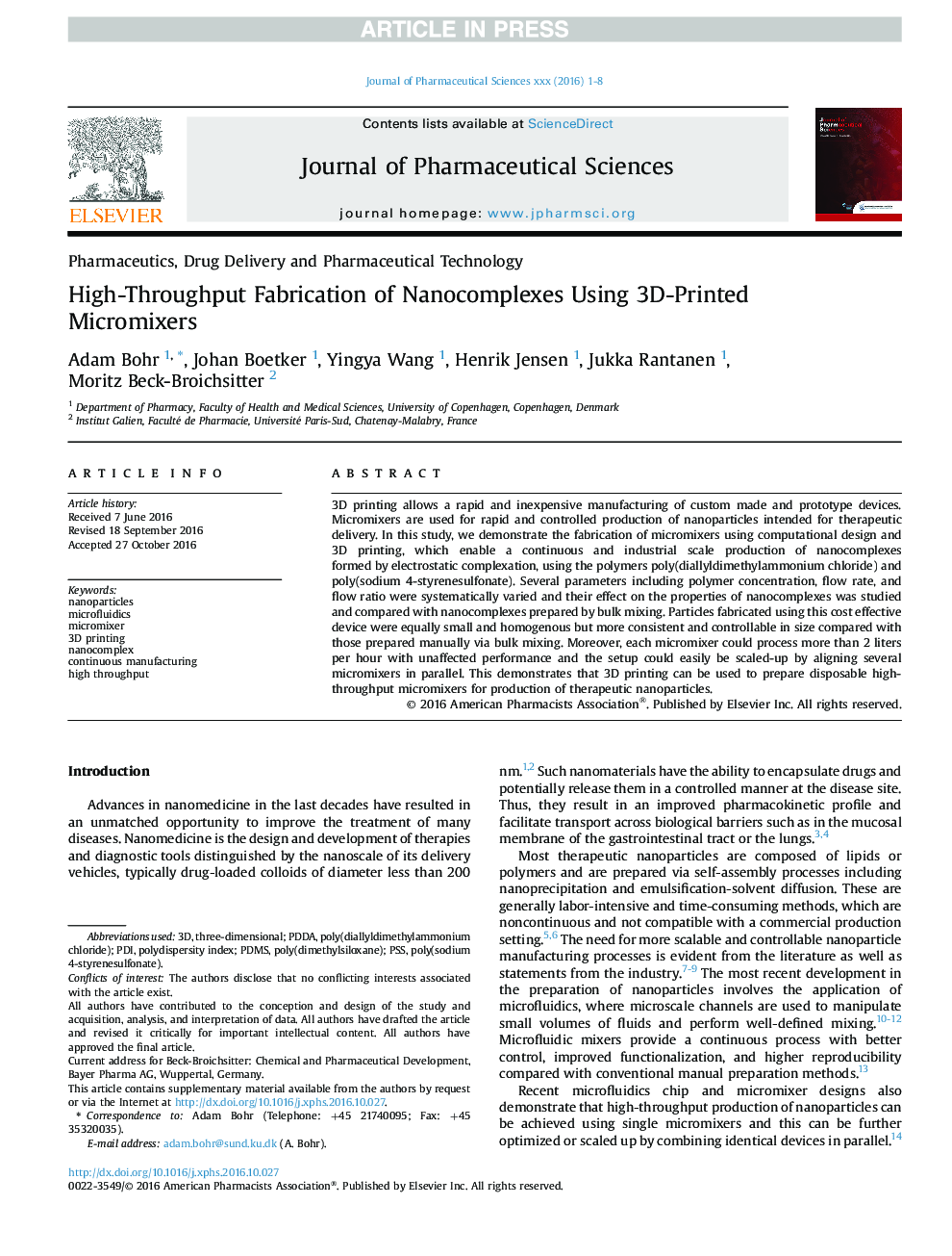 High-Throughput Fabrication of Nanocomplexes Using 3D-Printed Micromixers