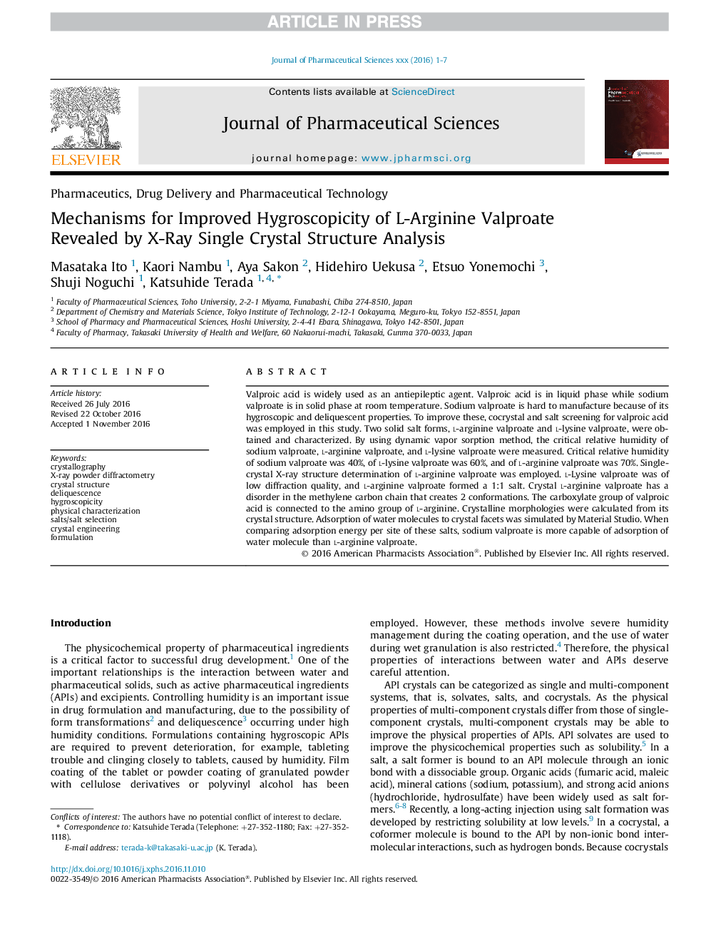 Mechanisms for Improved Hygroscopicity of L-Arginine Valproate Revealed by X-Ray Single Crystal Structure Analysis