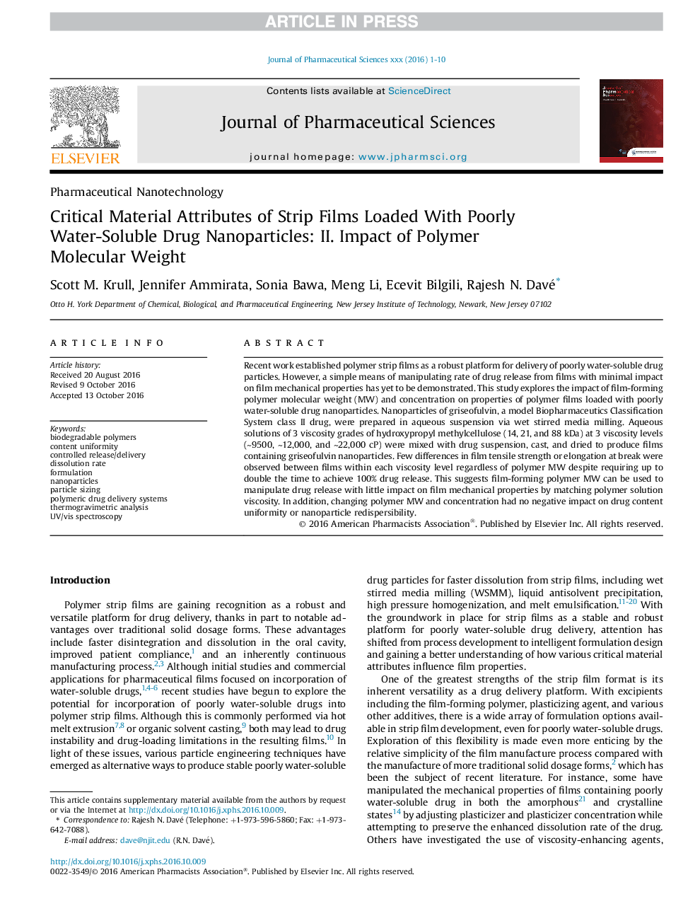 Critical Material Attributes of Strip Films Loaded With Poorly Water-Soluble Drug Nanoparticles: II. Impact of Polymer Molecular Weight