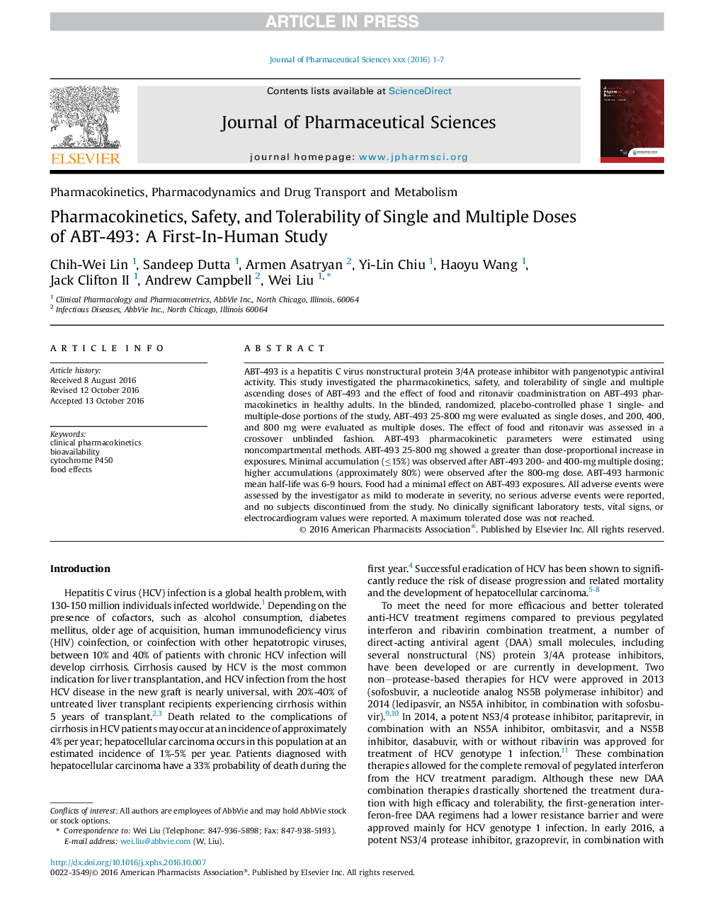 Pharmacokinetics, Safety, and Tolerability of Single and Multiple Doses of ABT-493: A First-In-Human Study