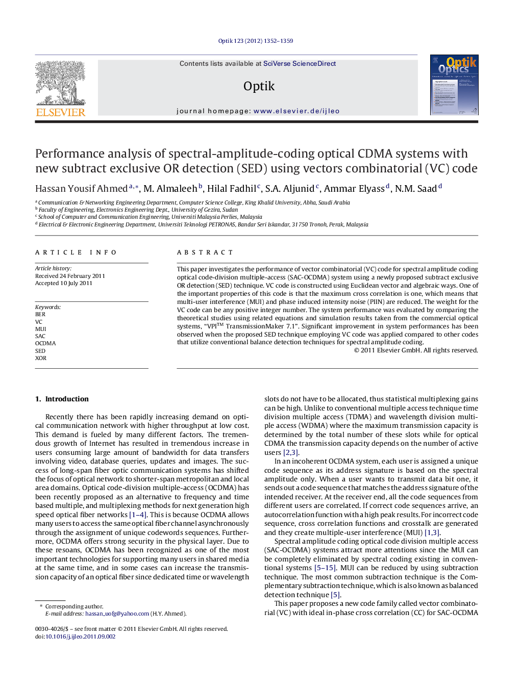 Performance analysis of spectral-amplitude-coding optical CDMA systems with new subtract exclusive OR detection (SED) using vectors combinatorial (VC) code