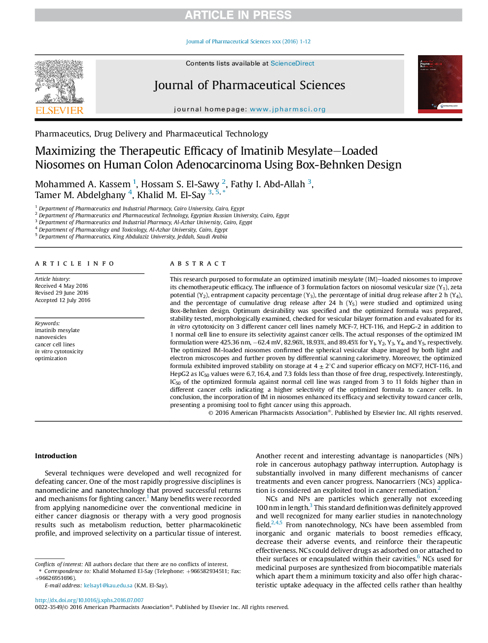 Maximizing the Therapeutic Efficacy of Imatinib Mesylate-Loaded Niosomes on Human Colon Adenocarcinoma Using Box-Behnken Design