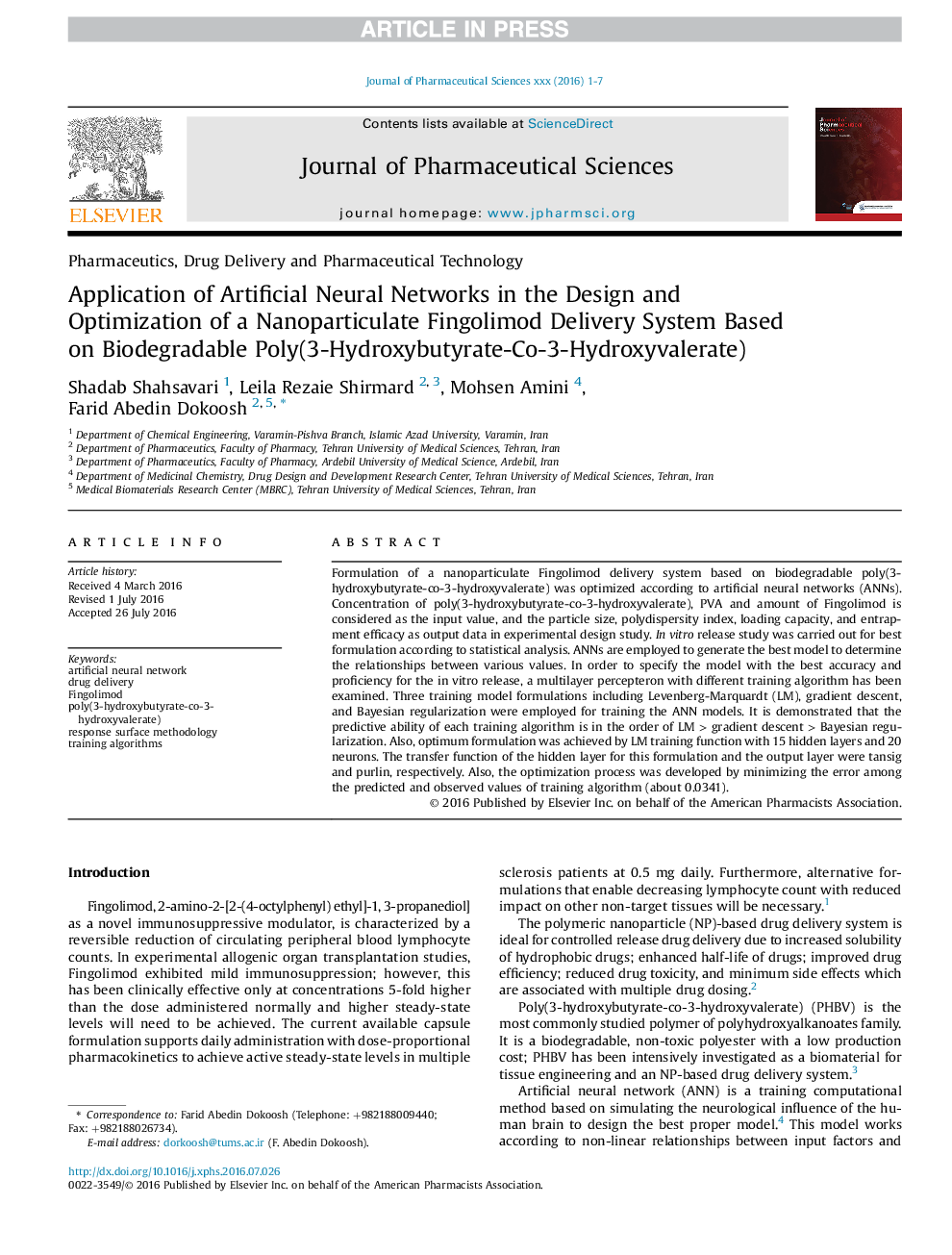 Application of Artificial Neural Networks in the Design and Optimization of a Nanoparticulate Fingolimod Delivery System Based on Biodegradable Poly(3-Hydroxybutyrate-Co-3-Hydroxyvalerate)