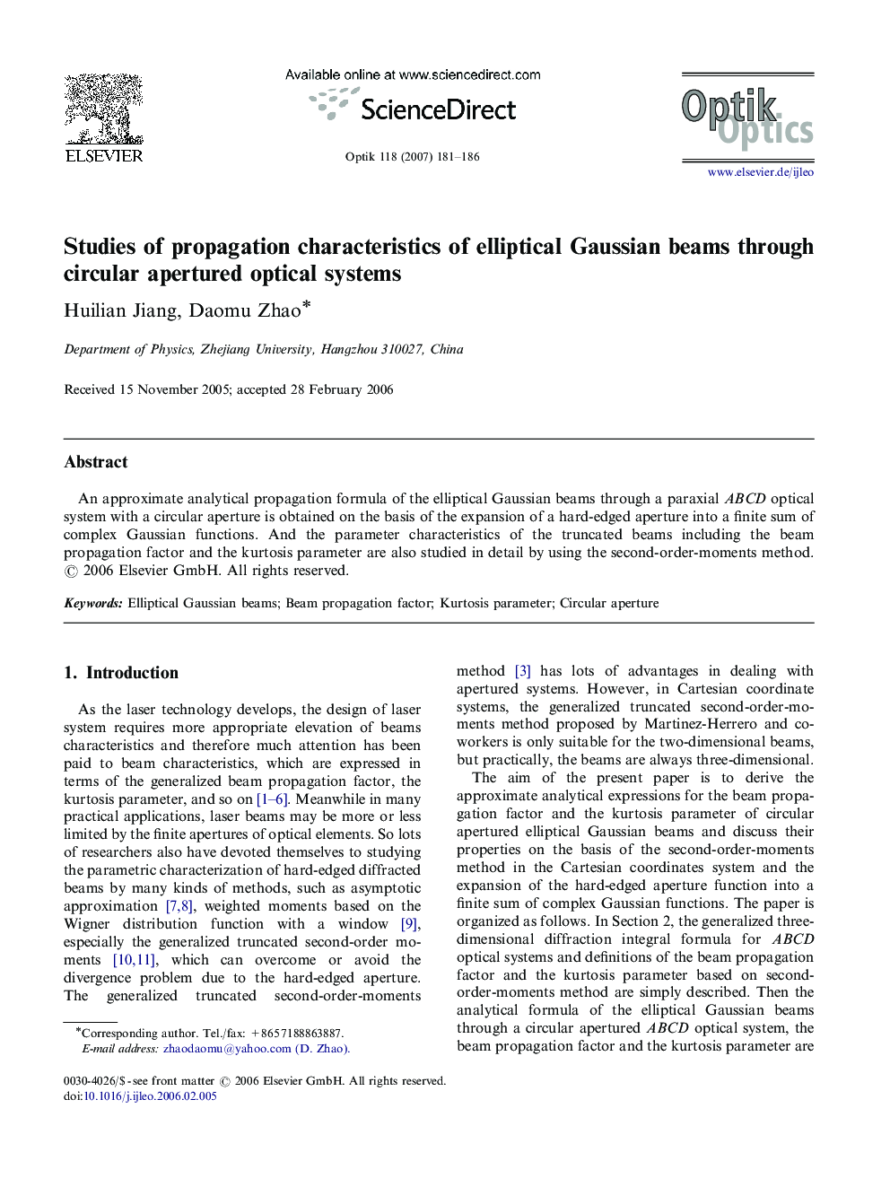 Studies of propagation characteristics of elliptical Gaussian beams through circular apertured optical systems