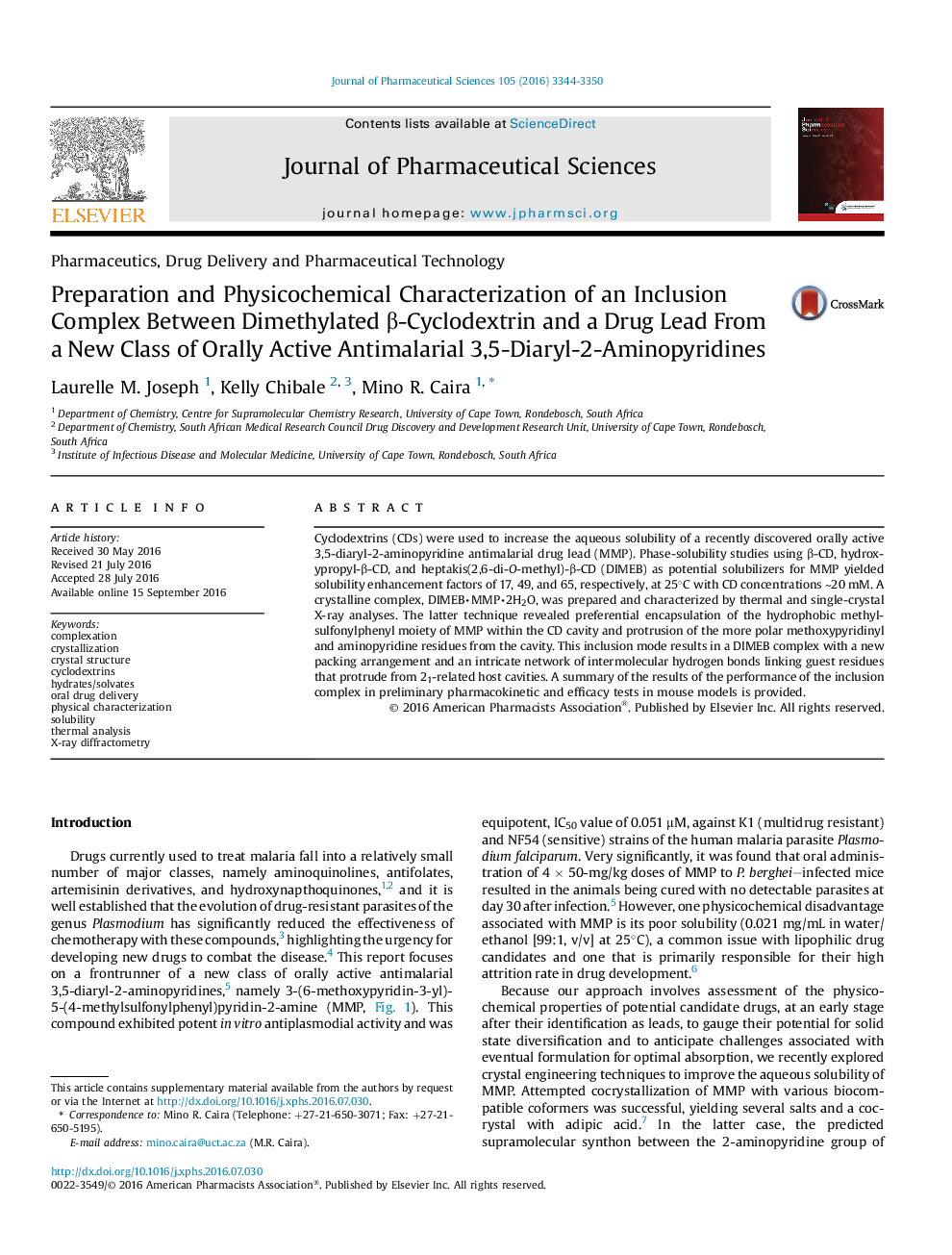 Preparation and Physicochemical Characterization of an Inclusion Complex Between Dimethylated Î²-Cyclodextrin and a Drug Lead From a New Class of Orally Active Antimalarial 3,5-Diaryl-2-Aminopyridines