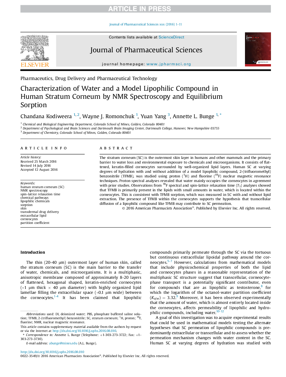 Characterization of Water and a Model Lipophilic Compound in Human Stratum Corneum by NMR Spectroscopy and Equilibrium Sorption