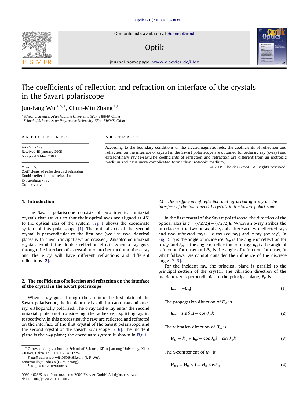 عکس صفحه اول مقاله: The coefficients of reflection and refraction on interface of the crystals in the Savart polariscope The coefficients of reflection and refraction on interface of the crystals in the Savart polariscope