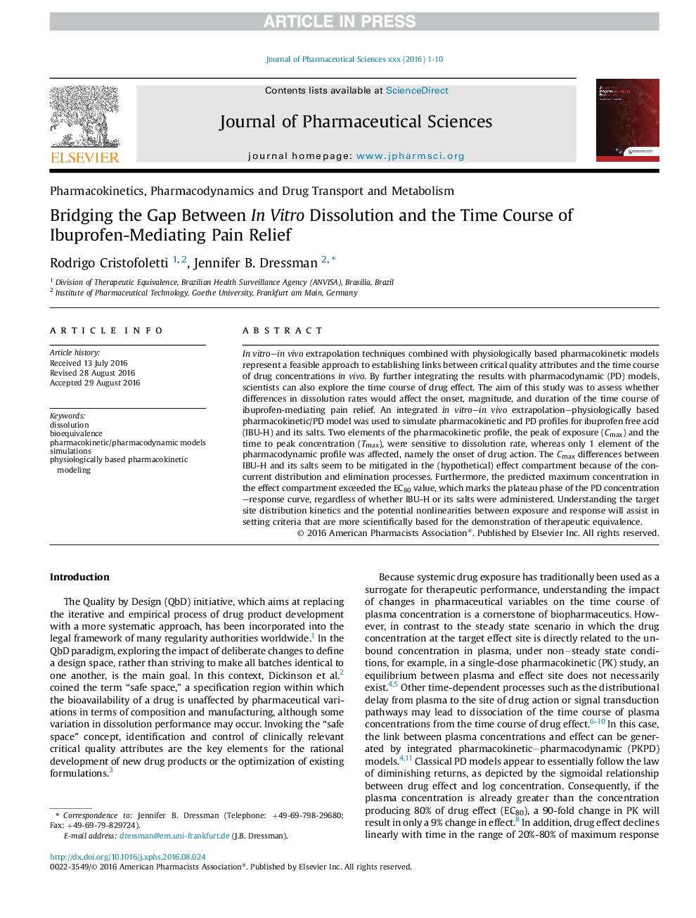 Bridging the Gap Between InÂ Vitro Dissolution and the Time Course of Ibuprofen-Mediating Pain Relief