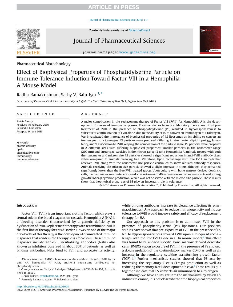 Effect of Biophysical Properties of Phosphatidylserine Particle on Immune Tolerance Induction Toward Factor VIII in a Hemophilia A Mouse Model