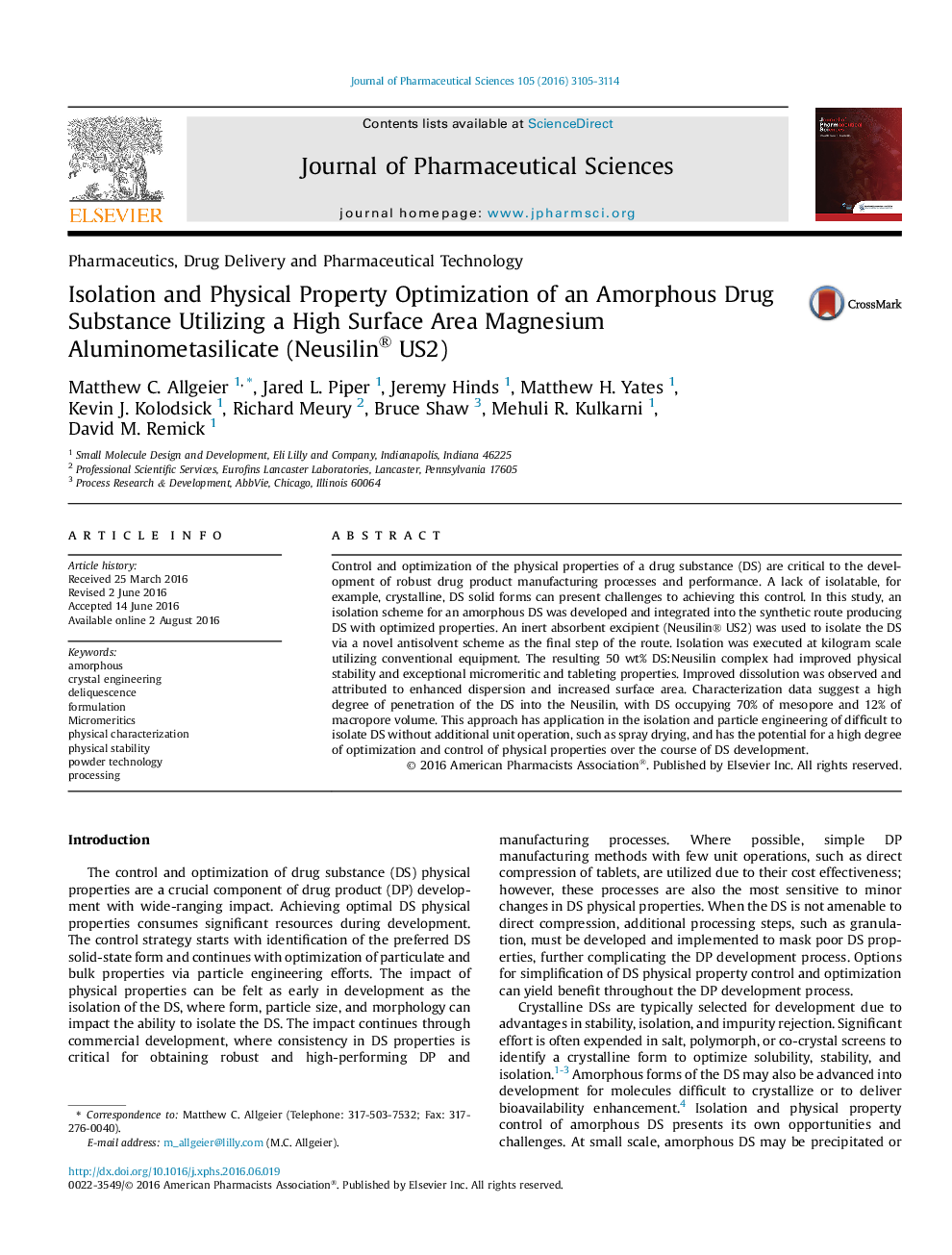 Isolation and Physical Property Optimization of an Amorphous Drug Substance Utilizing a High Surface Area Magnesium Aluminometasilicate (Neusilin® US2)