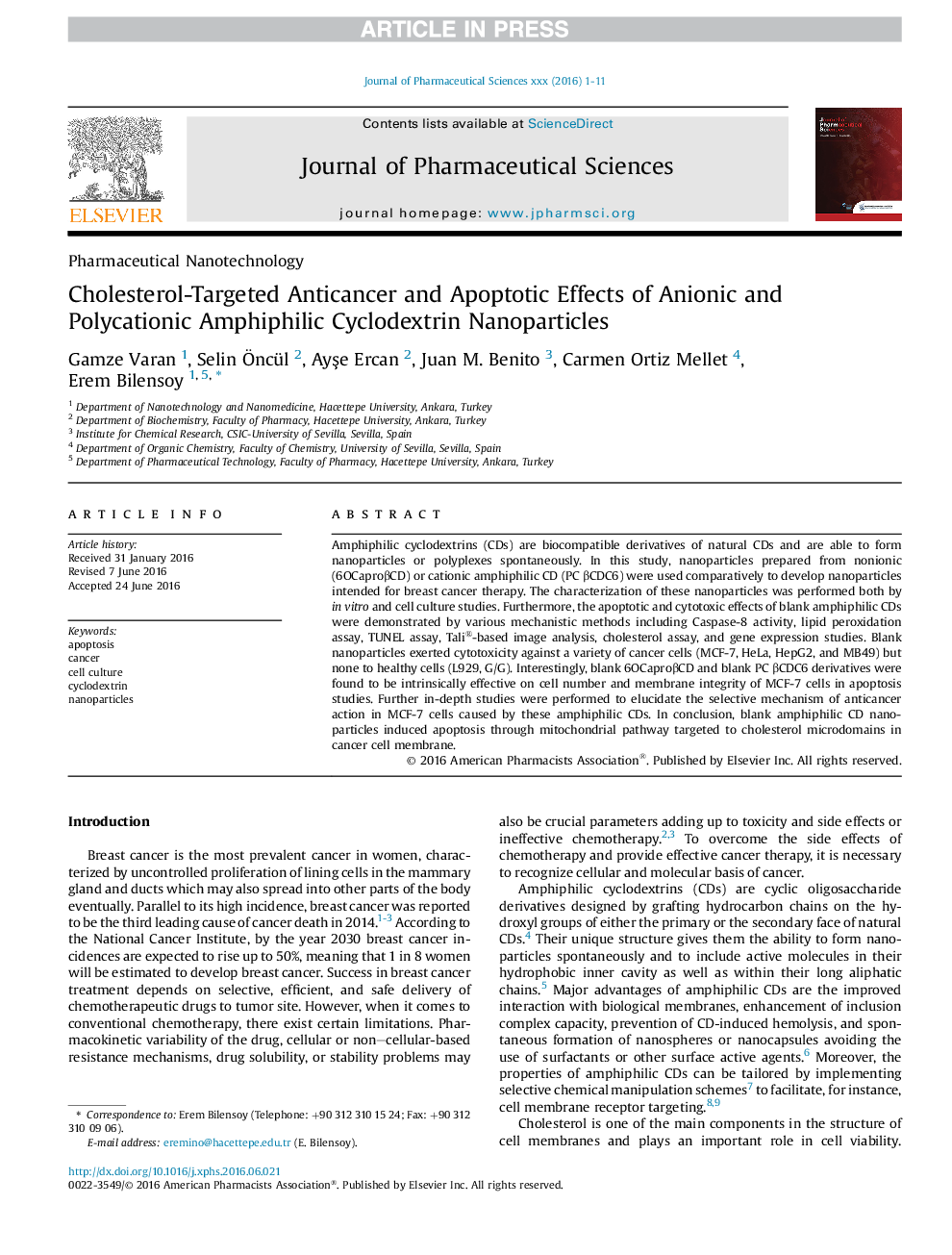 Cholesterol-Targeted Anticancer and Apoptotic Effects of Anionic and Polycationic Amphiphilic Cyclodextrin Nanoparticles