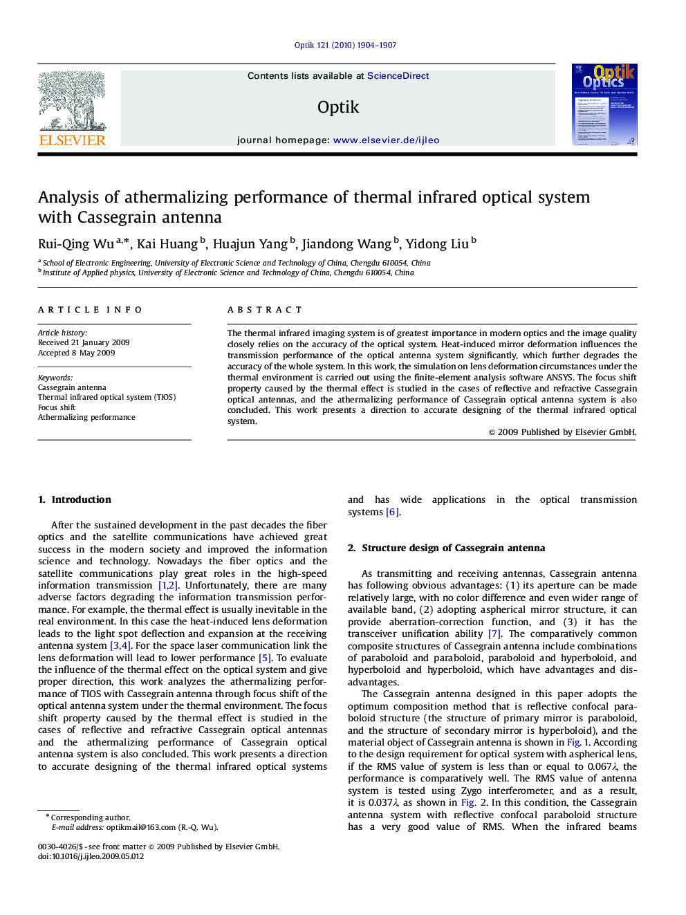 Analysis of athermalizing performance of thermal infrared optical system with Cassegrain antenna